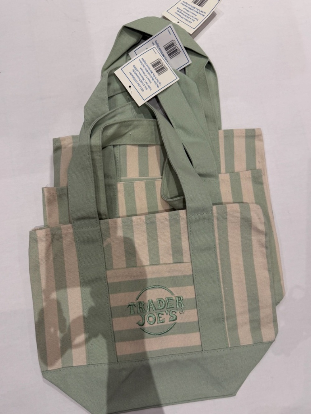 (6) mini trader Joe stripe totes (3) green (3) tan